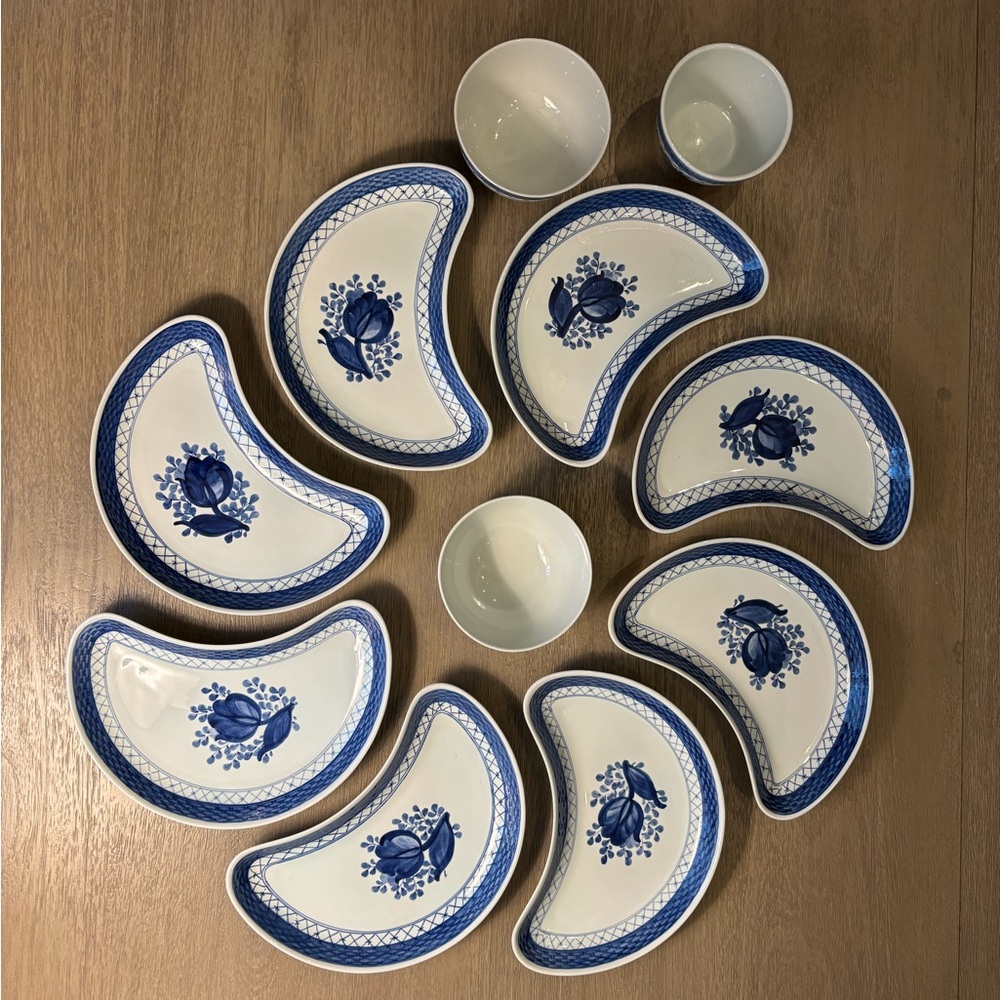 Set of 8 Royal Copenhagen Denmark Aluminia Tranquebar Dishes and 3 small Bowls.